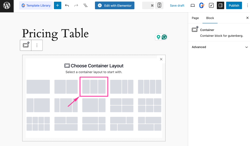 Select layout for Gutenberg pricing table