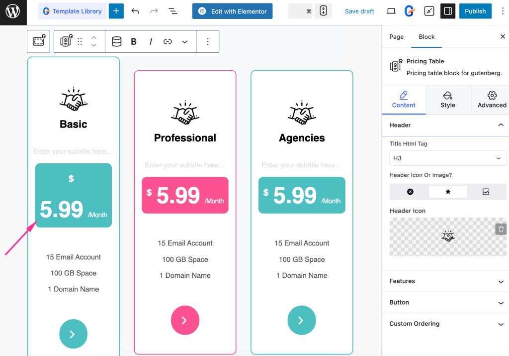 Customize the content of the pricing table with GutenKit