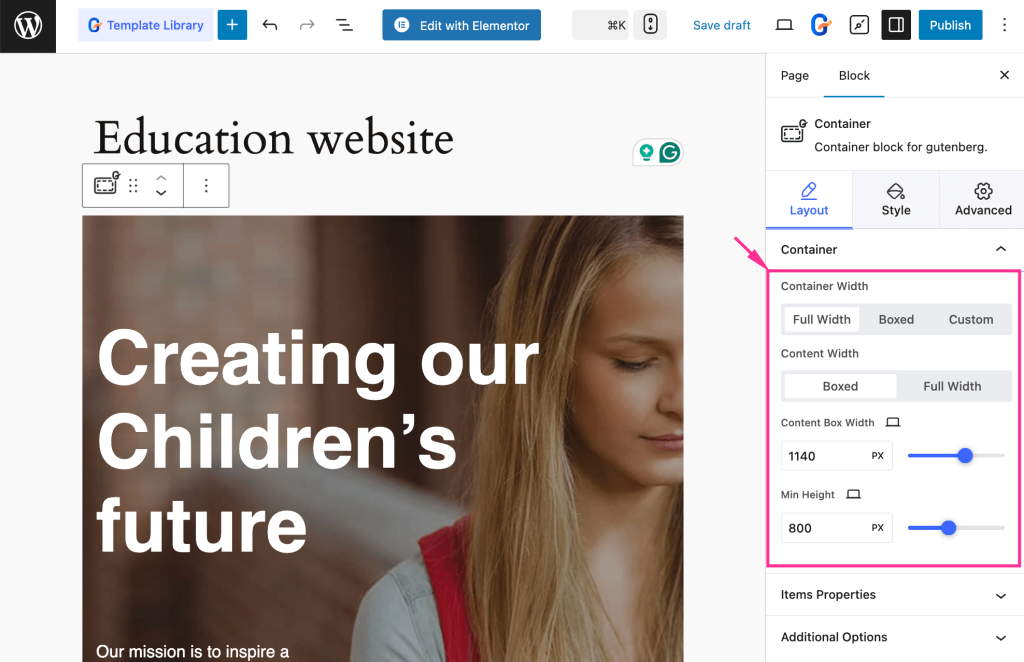 Edit the layout of education template  with GutenKit