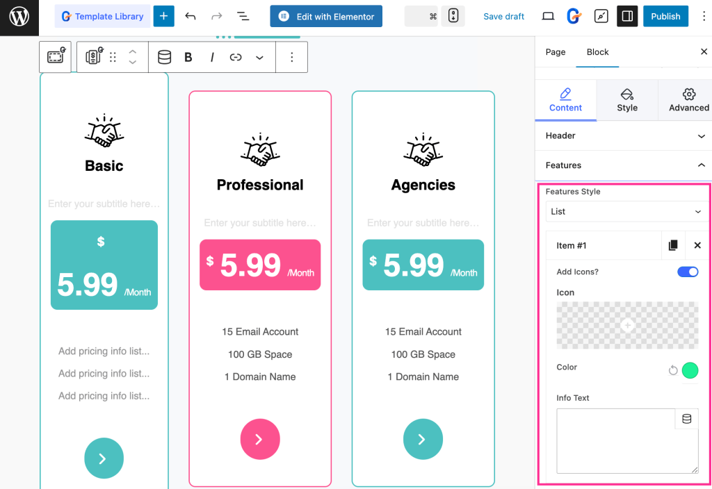Customize the content of the pricing table with GutenKit