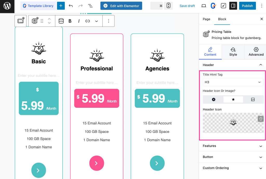 Customize the content of the pricing table with GutenKit