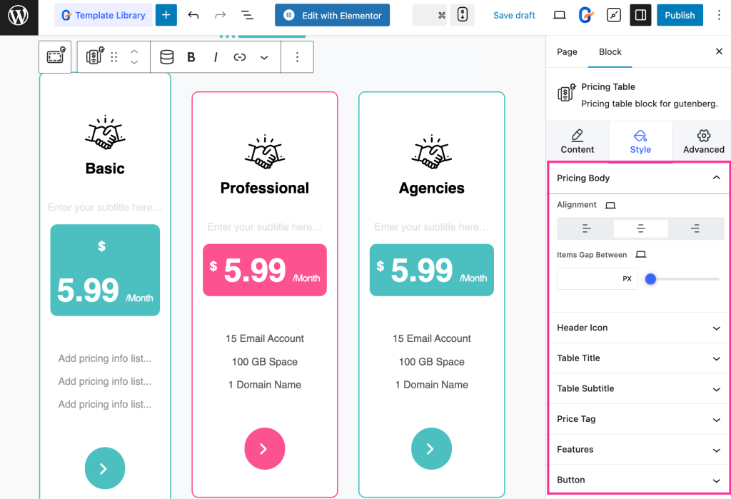 Adjust the style of pricing table with GutenKit