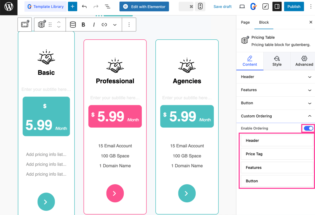Customize the content of the pricing table with GutenKit