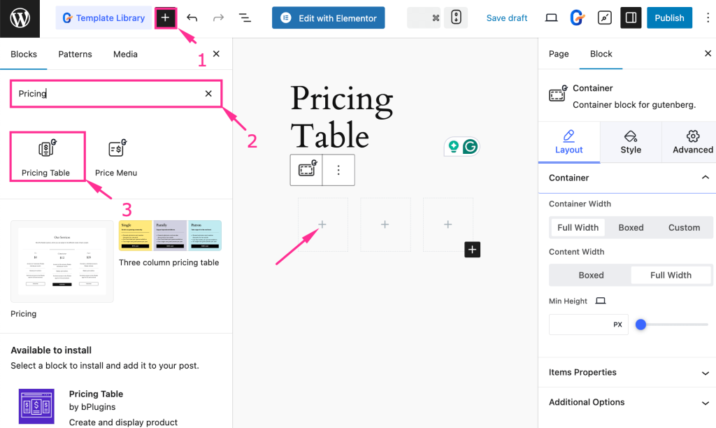 Create pricing table with the block with GutenKit