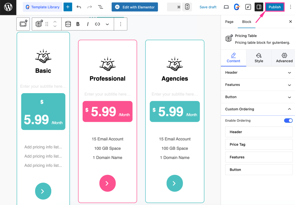 Live pricing table built with GutenKit