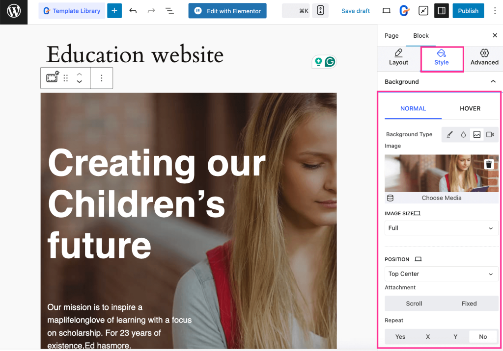 Edit the style of education template with GutenKit