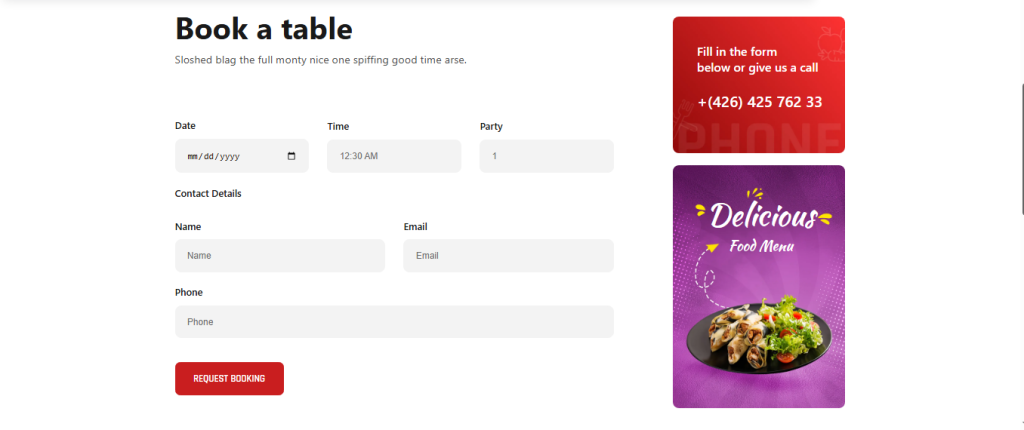 Booking form allows guests to book tables