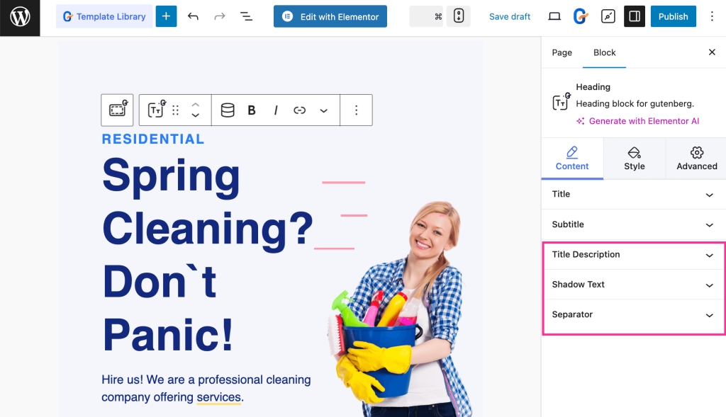 Customize content of cleaning website with GutenKit