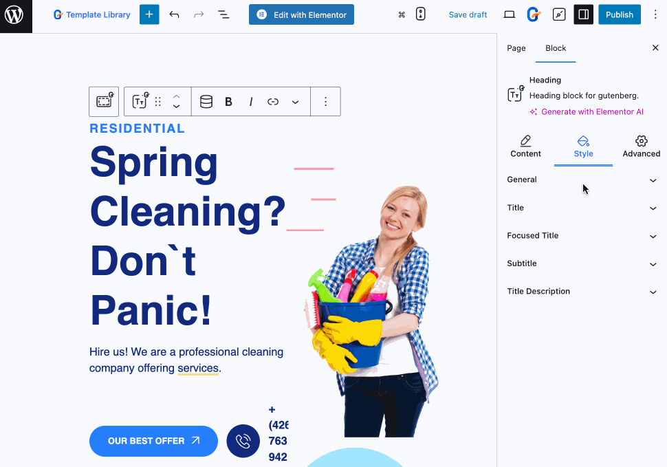 Customize content of cleaning website with GutenKit