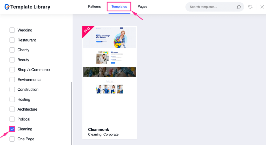 Import the cleaning website template provided by GutenKit