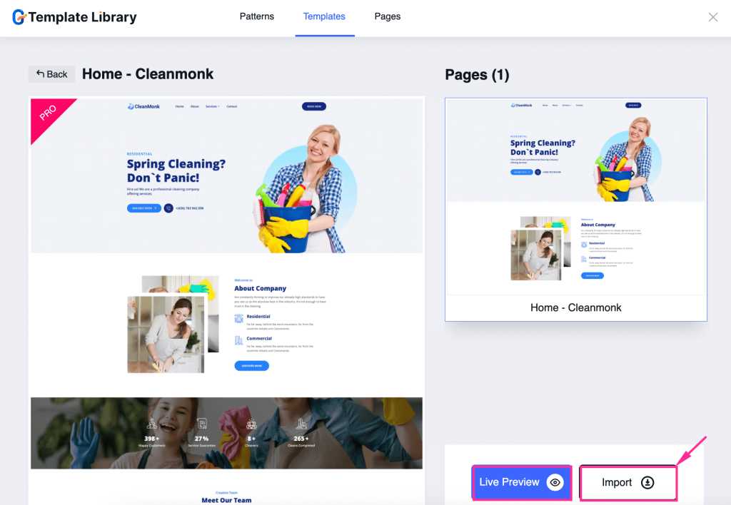 Import the cleaning website template provided by GutenKit