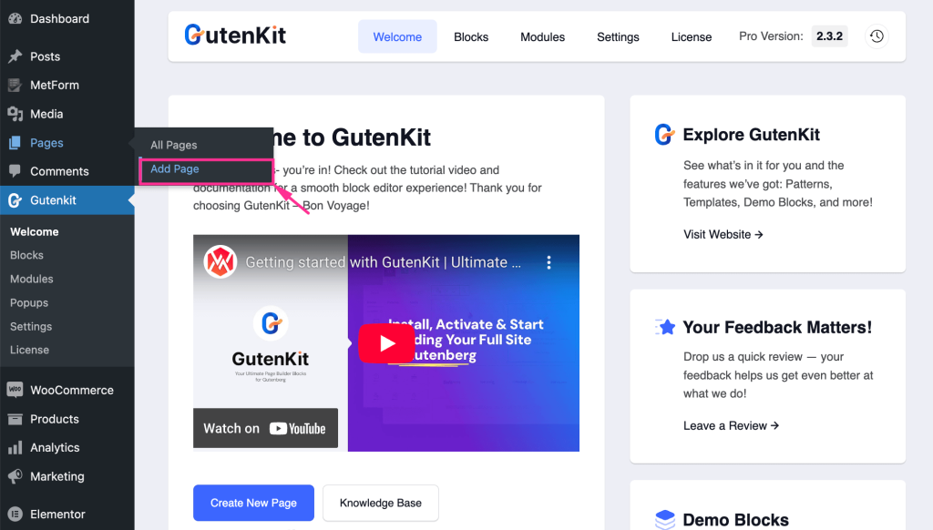 Add a page for cleaning the website with GutenKit