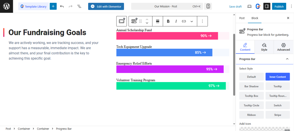 Designing impact page with GutenKit progess bar